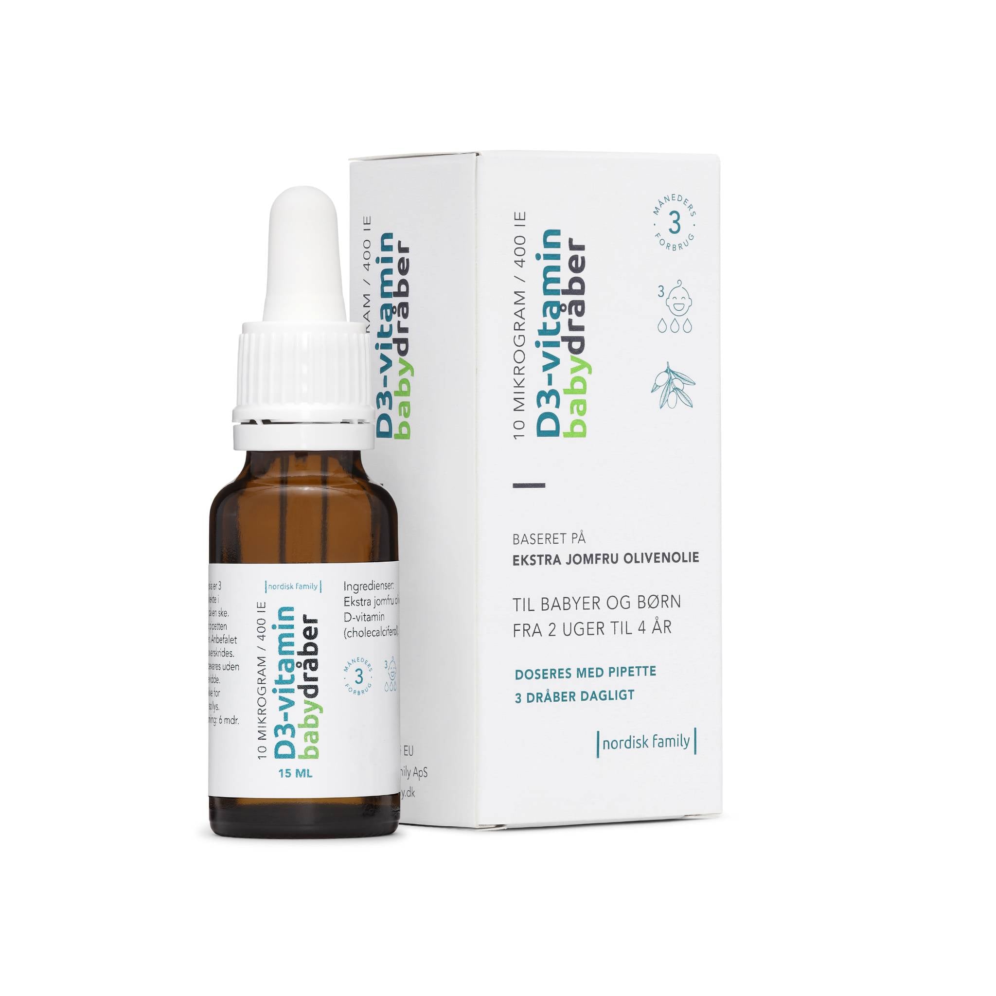 Nordisk Family Vitamin D baby drops bottle with pipette standing next to packaging box