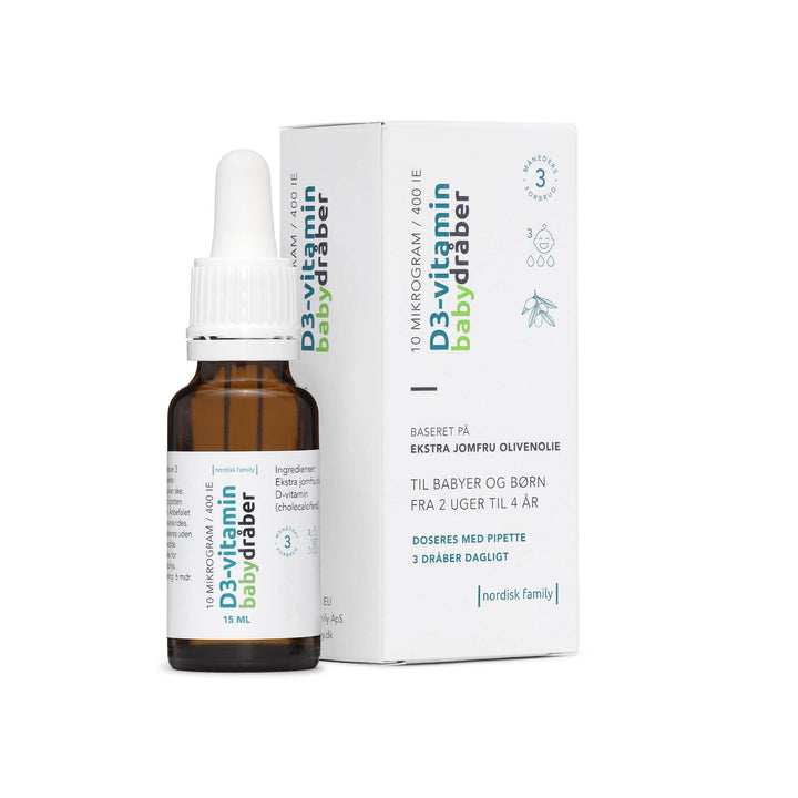 Nordisk Family Vitamin D baby drops bottle with pipette standing next to packaging box