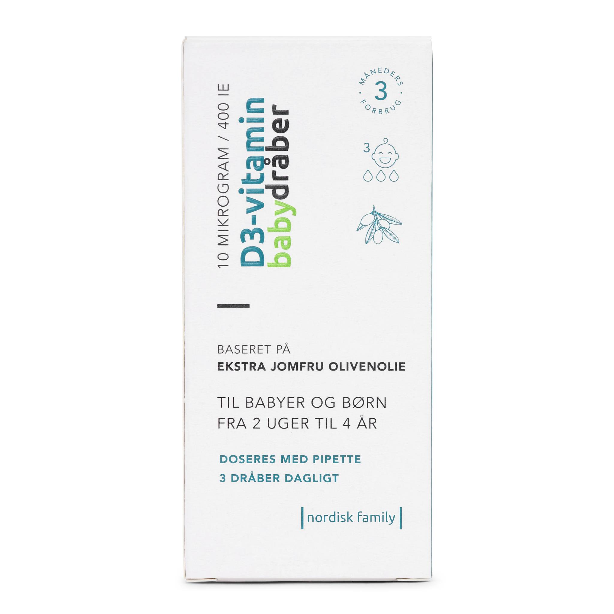 Nordisk Family Vitamin D3 baby drops packaging box seen from the front