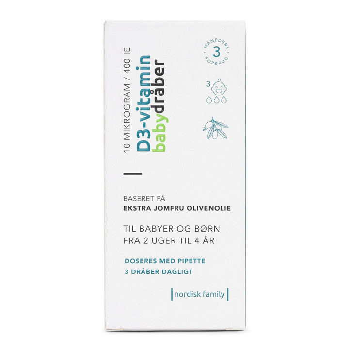 Nordisk Family Vitamin D3 baby drops packaging box seen from the front