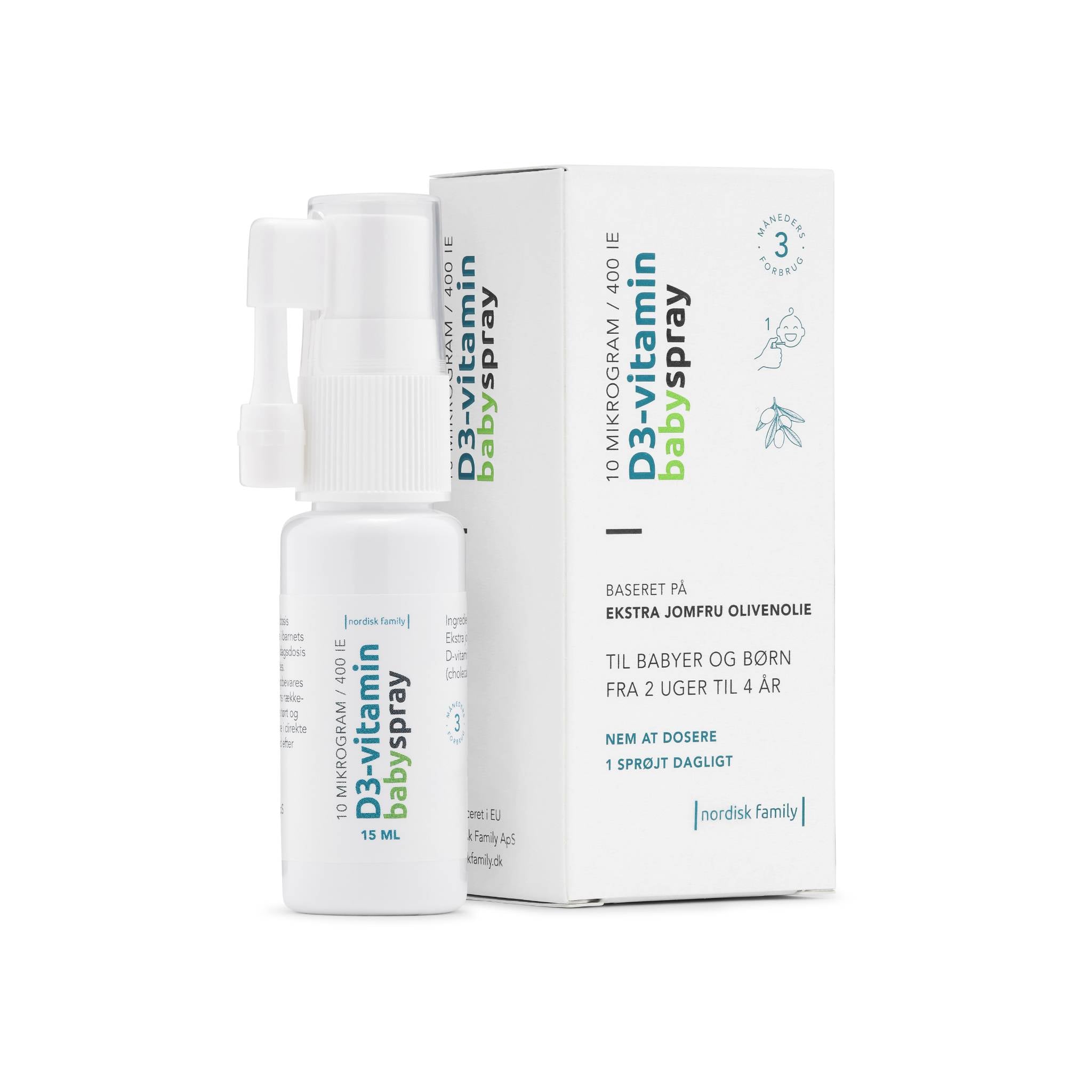 Nordisk Family Vitamin D3 baby spray bottle standing next to packaging box