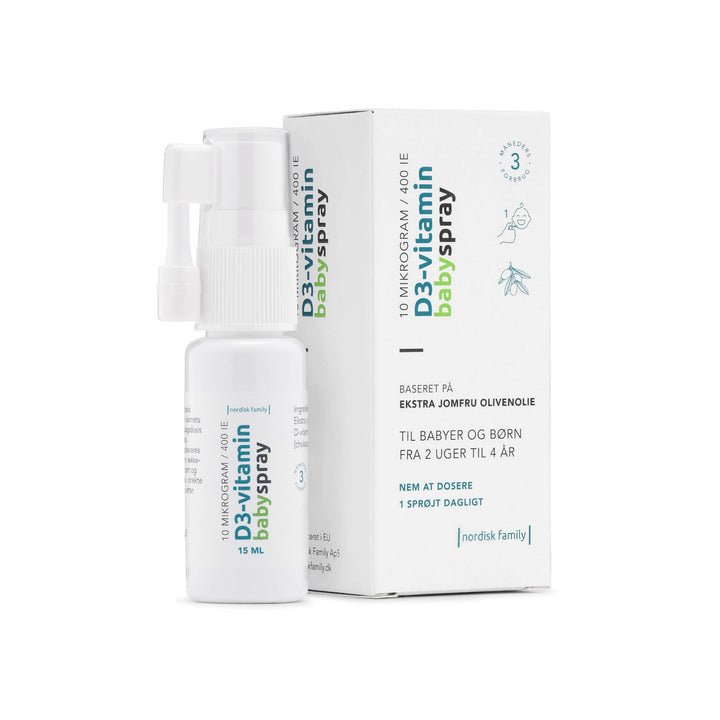 Nordisk Family Vitamin D3 baby spray bottle standing next to packaging box