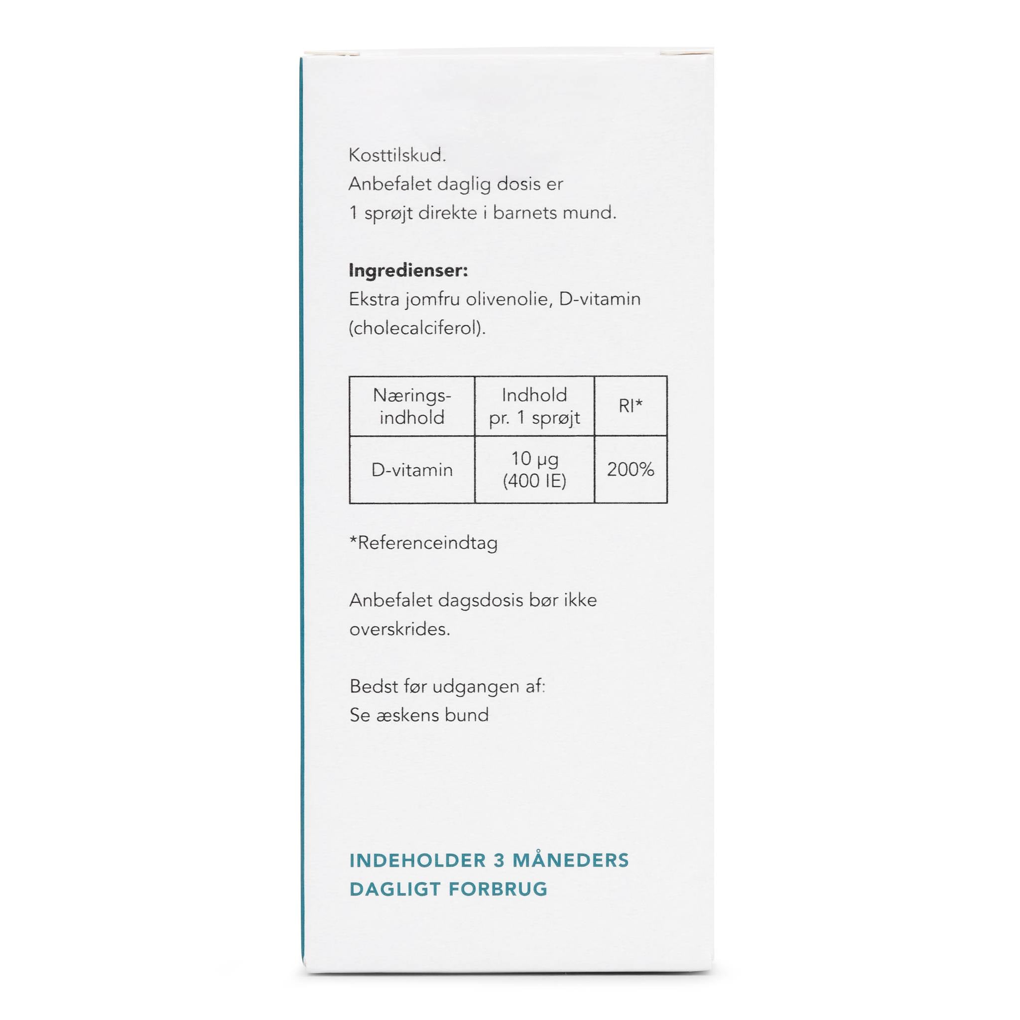 Nordisk Family Vitamin D3 baby spray packaging box seen from back showing ingredients