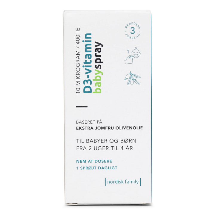 Nordisk Family Vitamin D3 baby spray packaging box seen from the front